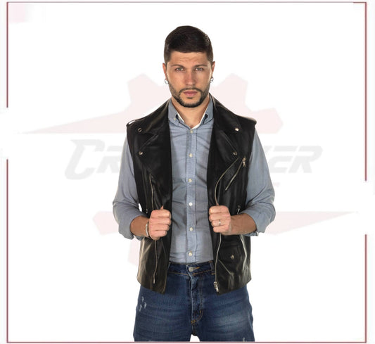 Filippo - Men's Vest in Genuine Black Leather CROSSOVER RACEWEARS