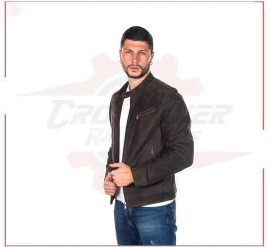 New Men's Jacket in Genuine Dark Brown Nabuk Leather CROSSOVER RACEWEARS