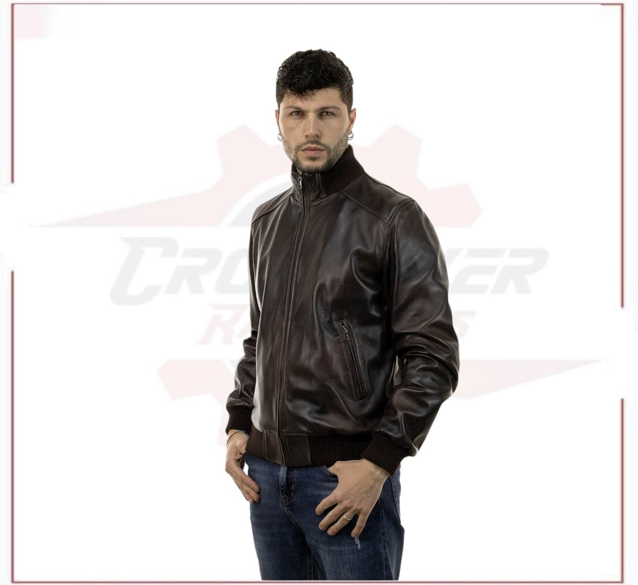 Men's Bomber Made of Genuine Dark Brown Leather CROSSOVER RACEWEARS