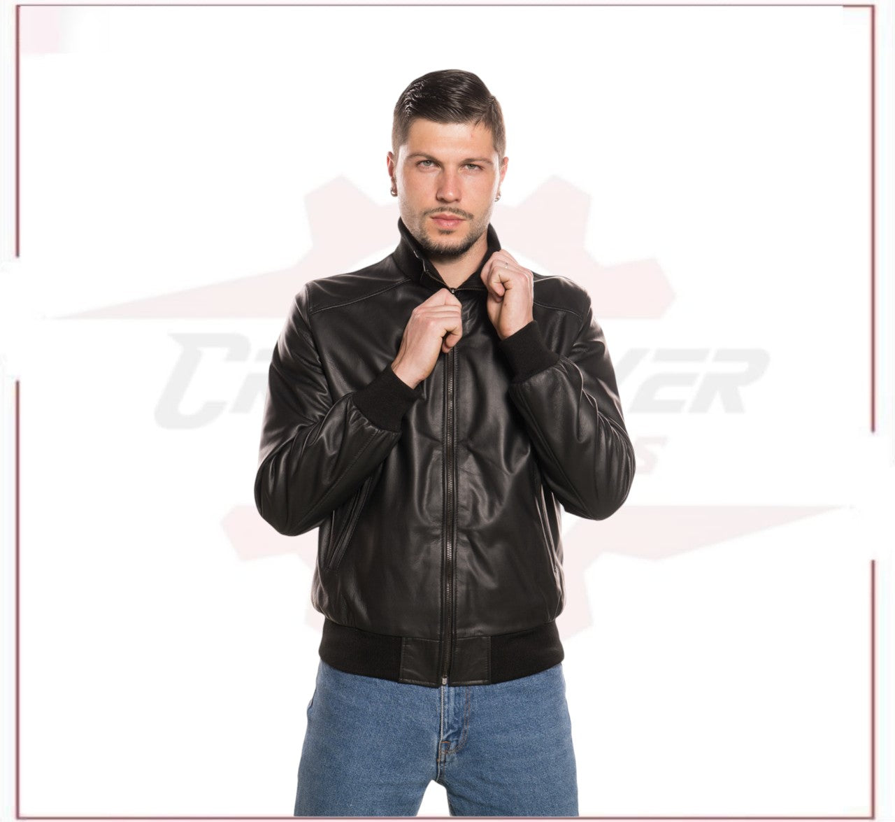 Men's Bomber in Genuine Black Leather CROSSOVER RACEWEARS