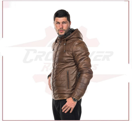 Berlino - Men's Down Jacket in Genuine Brown Leather CROSSOVER RACEWEARS