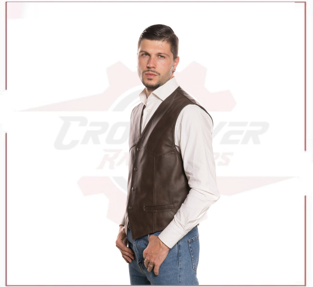 Men's Vest in Genuine Dark Brown Leather CROSSOVER RACEWEARS