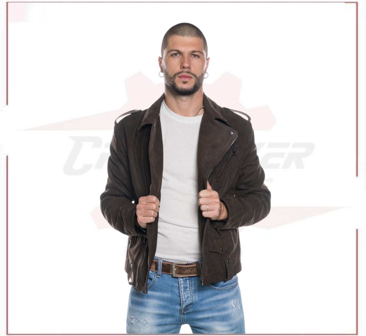 Men's jacket in Genuine Dark Brown Nubuck Leather CROSSOVER RACEWEARS