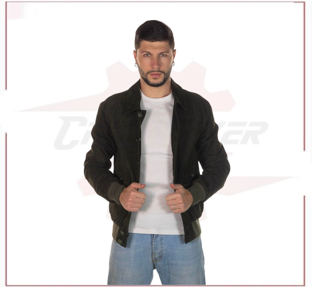 U03 - Men's Bomber Jacket in Genuine Green Suede Leather CROSSOVER RACEWEARS