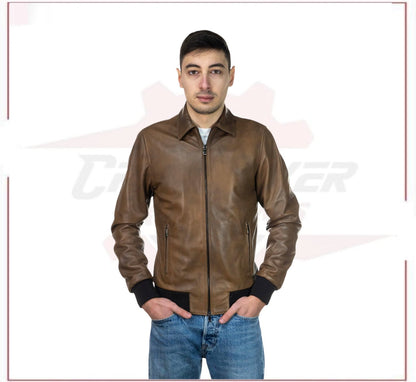 Men's Bomber Jacket in Genuine Brown Leather CROSSOVER RACEWEARS