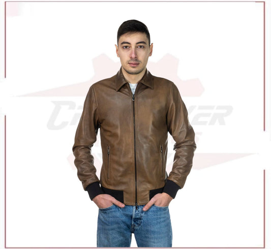 Men's Bomber Jacket in Genuine Brown Leather CROSSOVER RACEWEARS