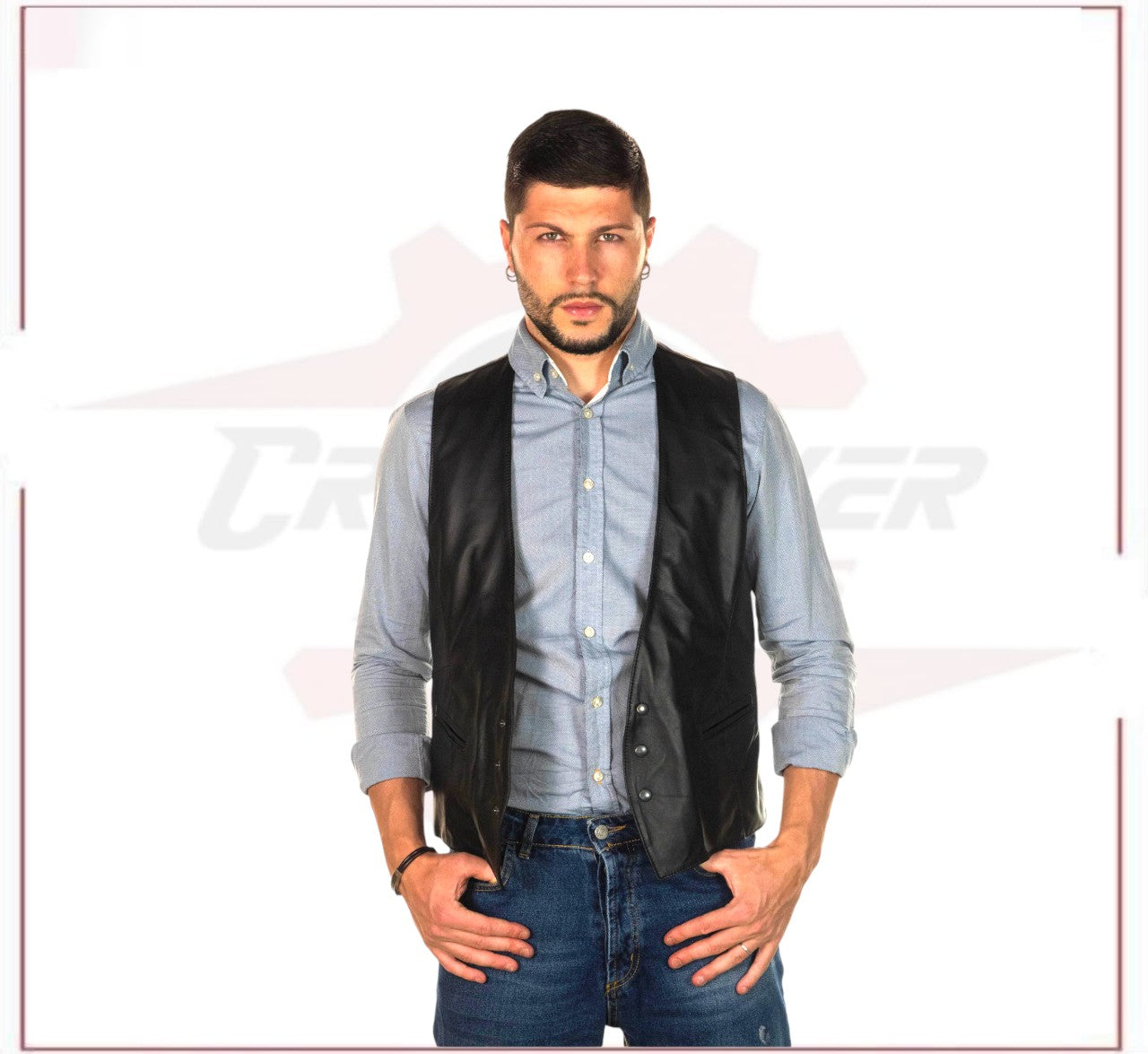 New Men's Vest in Genuine Black Leather CROSSOVER RACEWEARS