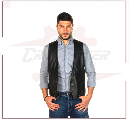 New Men's Vest in Genuine Black Leather CROSSOVER RACEWEARS