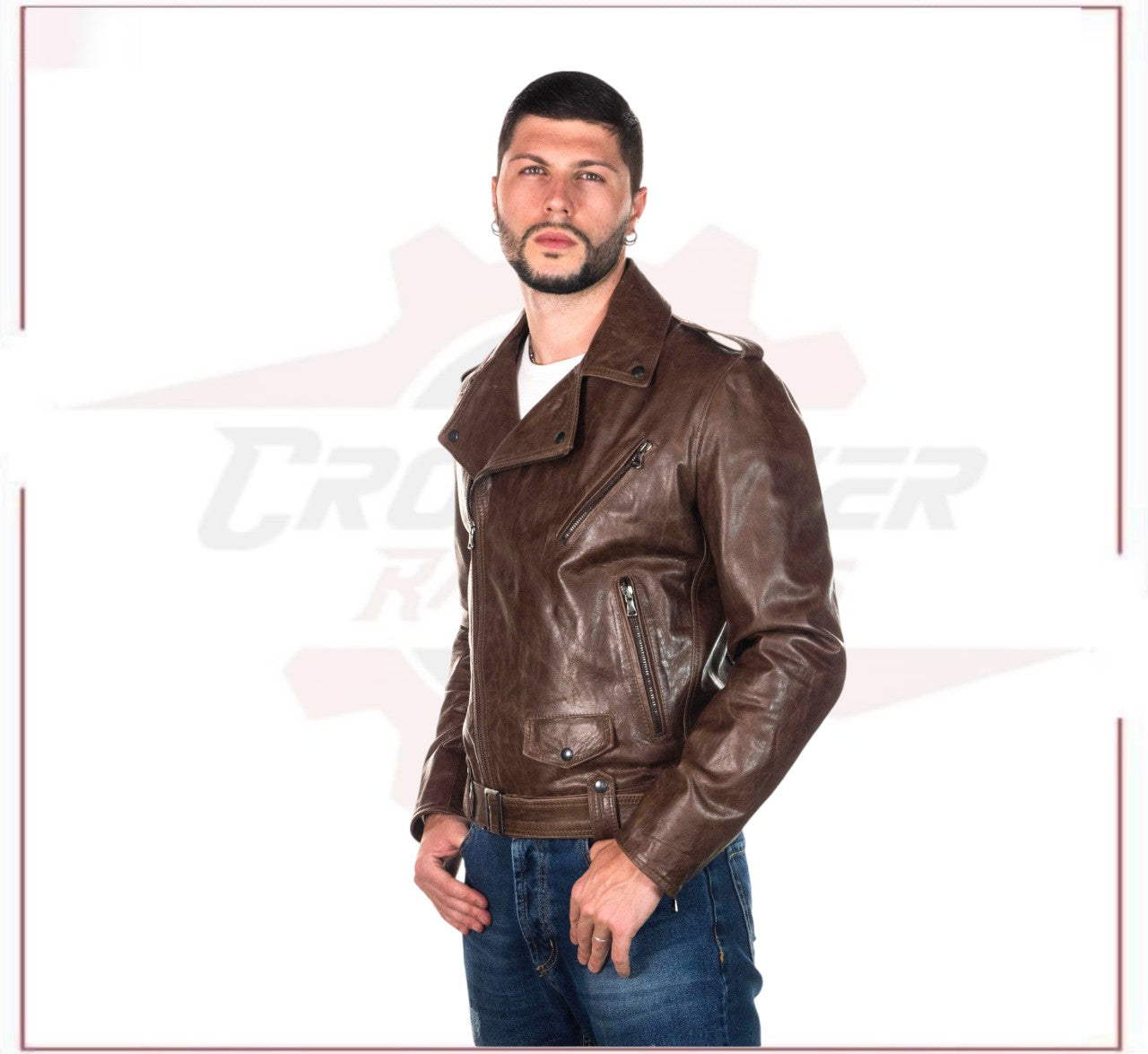 Men's Jacket in Genuine Dark Brown Oil Vintage Leather CROSSOVER RACEWEARS