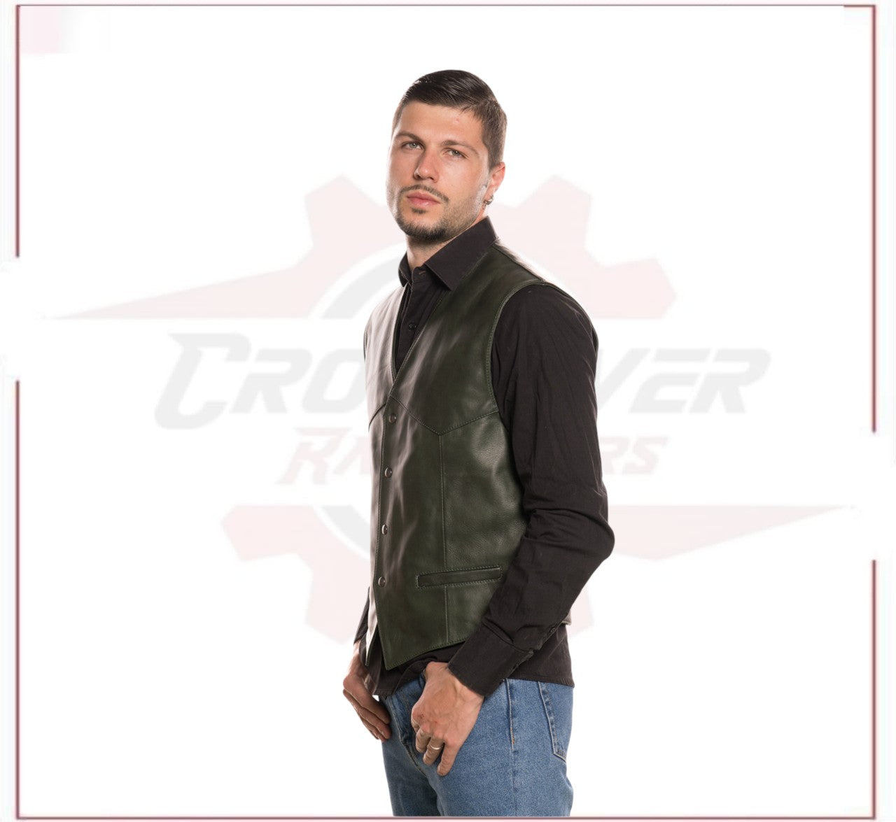 Men's Vest in Genuine Green Leather CROSSOVER RACEWEARS