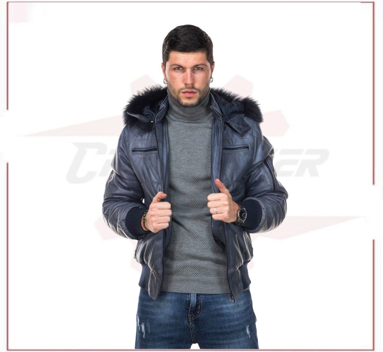 Boston - Men's Down Jacket in Genuine Blue Leather CROSSOVER RACEWEARS