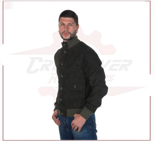 U03 Bis - Men's Bomber Jacket in Genuine Green Suede Leather CROSSOVER RACEWEARS