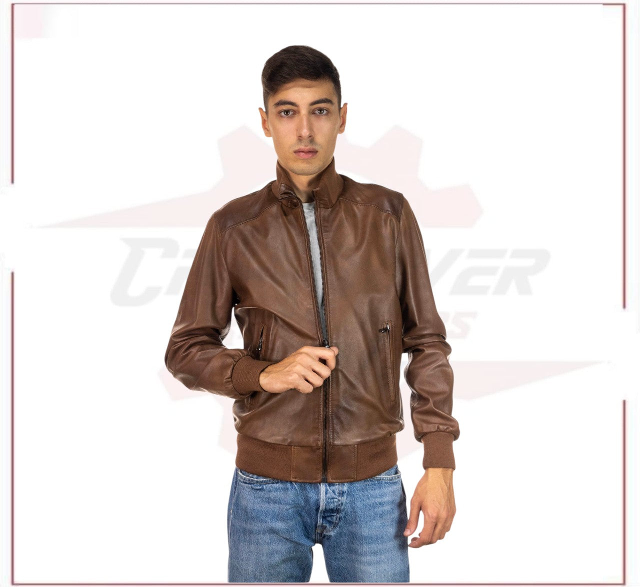 Men's Bomber - Men's Bomber Jacket in Genuine Brown Leather CROSSOVER RACEWEARS