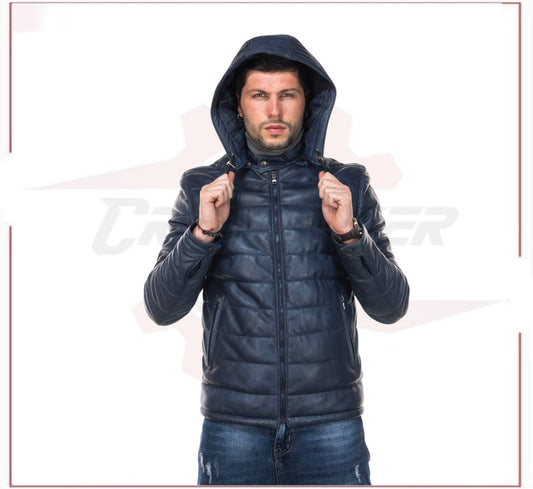 Berlino - Men's Down Jacket in Genuine Blue Leather CROSSOVER RACEWEARS