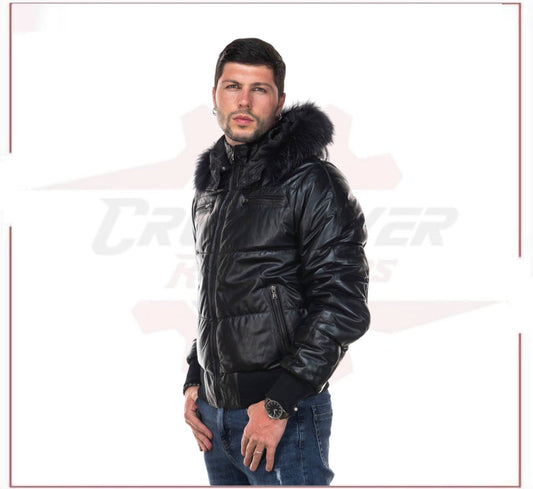Boston - Men's Down Jacket in Genuine Black Leather CROSSOVER RACEWEARS