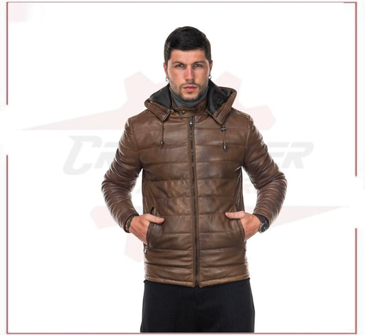 Berlino - Men's Down Jacket in Genuine Brown Leather CROSSOVER RACEWEARS