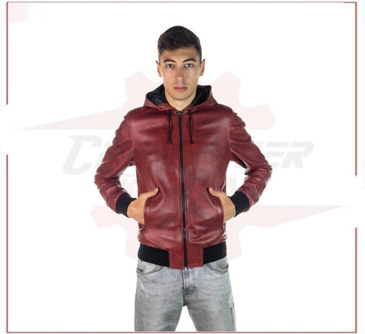 Bomber Napoli Cap - Men's Bomber Jacket in Genuine Bordeaux Leather CROSSOVER RACEWEARS