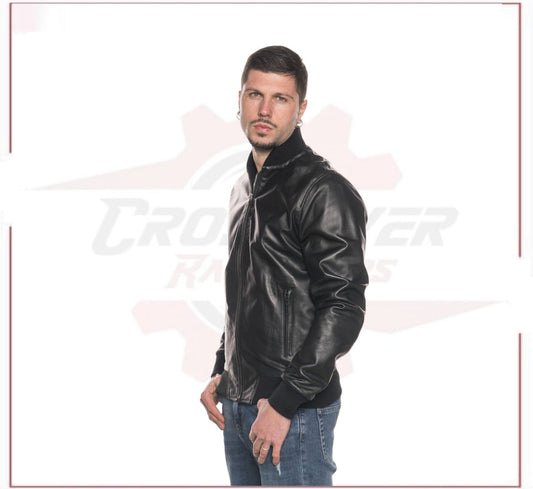 Men's Bomber Jacket in Genuine Black Leather CROSSOVER RACEWEARS