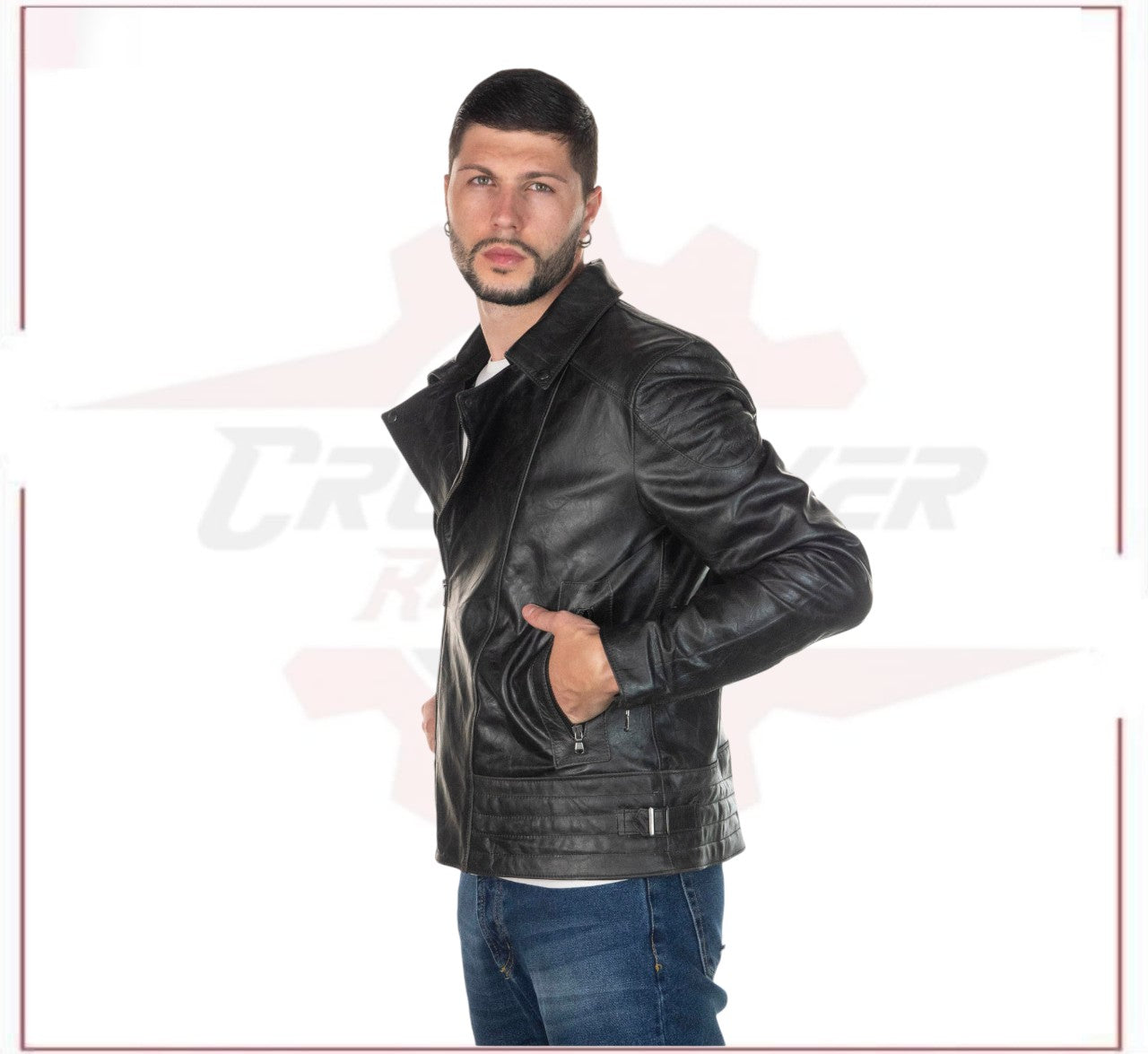 Men's Jacket in Genuine Grey Oil Vintage Leather CROSSOVER RACEWEARS