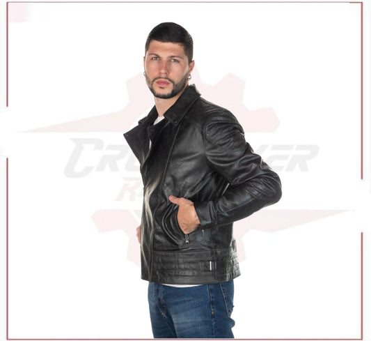 Men's Jacket in Genuine Grey Oil Vintage Leather CROSSOVER RACEWEARS