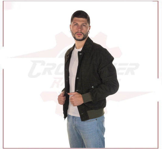 U03 - Men's Bomber Jacket in Genuine Green Suede Leather CROSSOVER RACEWEARS