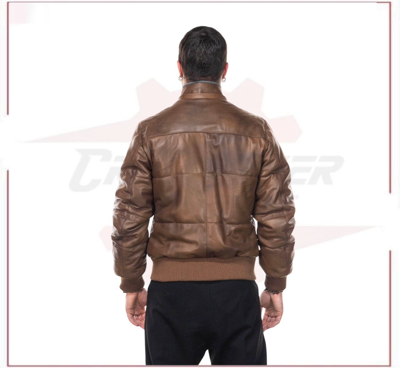 Boston - Men's Down Jacket in Genuine Brown Leather CROSSOVER RACEWEARS