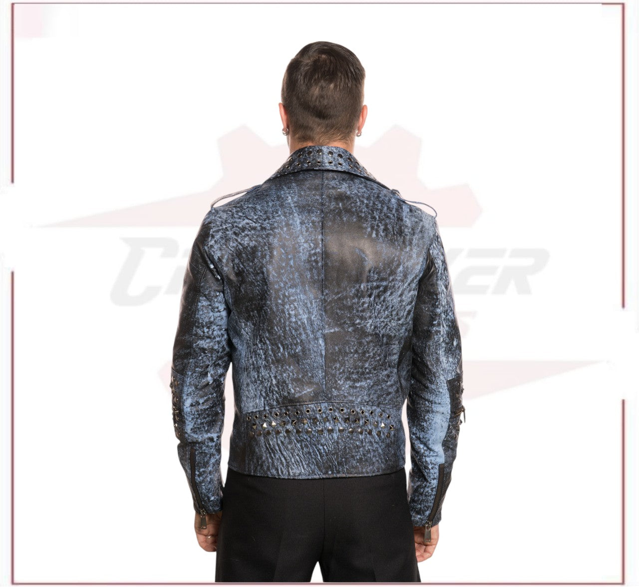 Vasco - Men's Studded Jacket in Genuine Blue Leather CROSSOVER RACEWEARS