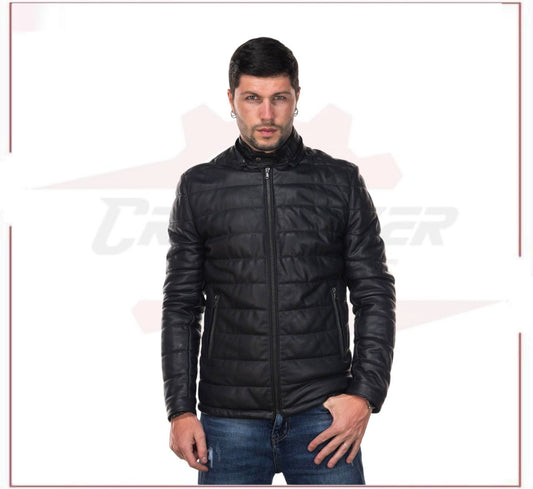 Berlino - Men's Down Jacket in Genuine Black Leather CROSSOVER RACEWEARS