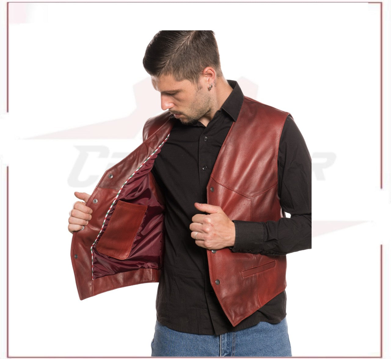 New Men's Vest in Genuine Bordeaux Leather CROSSOVER RACEWEARS