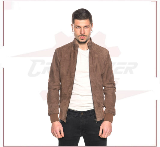 Victor - Men's Bomber Jacket in Genuine Dark Brown Suede Leather CROSSOVER RACEWEARS
