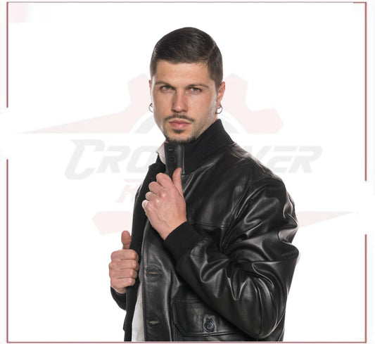 Black Bomber Jacket in real leather CROSSOVER RACEWEARS