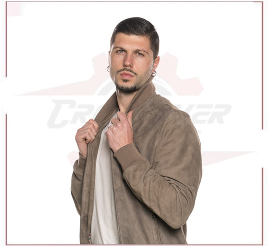 David - Men's Bomber Jacket in Genuine Taupe Suede Leather CROSSOVER RACEWEARS
