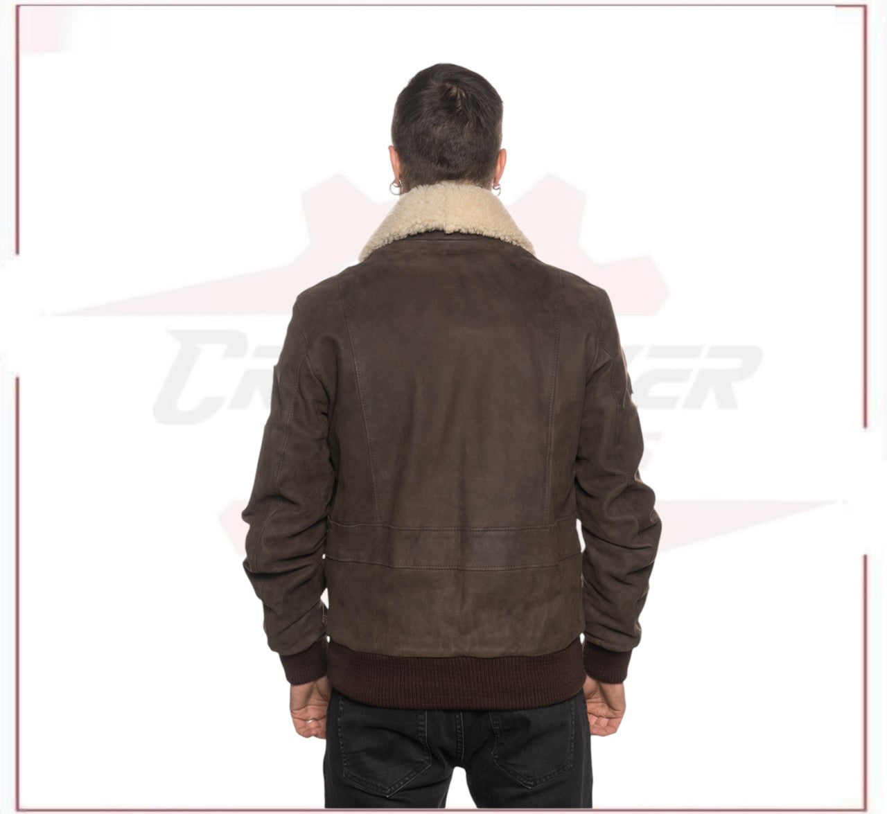 Men's Bomber Jacket in Genuine Dark Brown Nabuk Leather with Shearling Collar CROSSOVER RACEWEARS