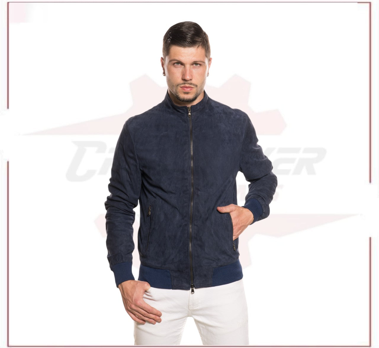 Victor - Men's Bomber Jacket in Genuine Dark Blue Suede Leather CROSSOVER RACEWEARS