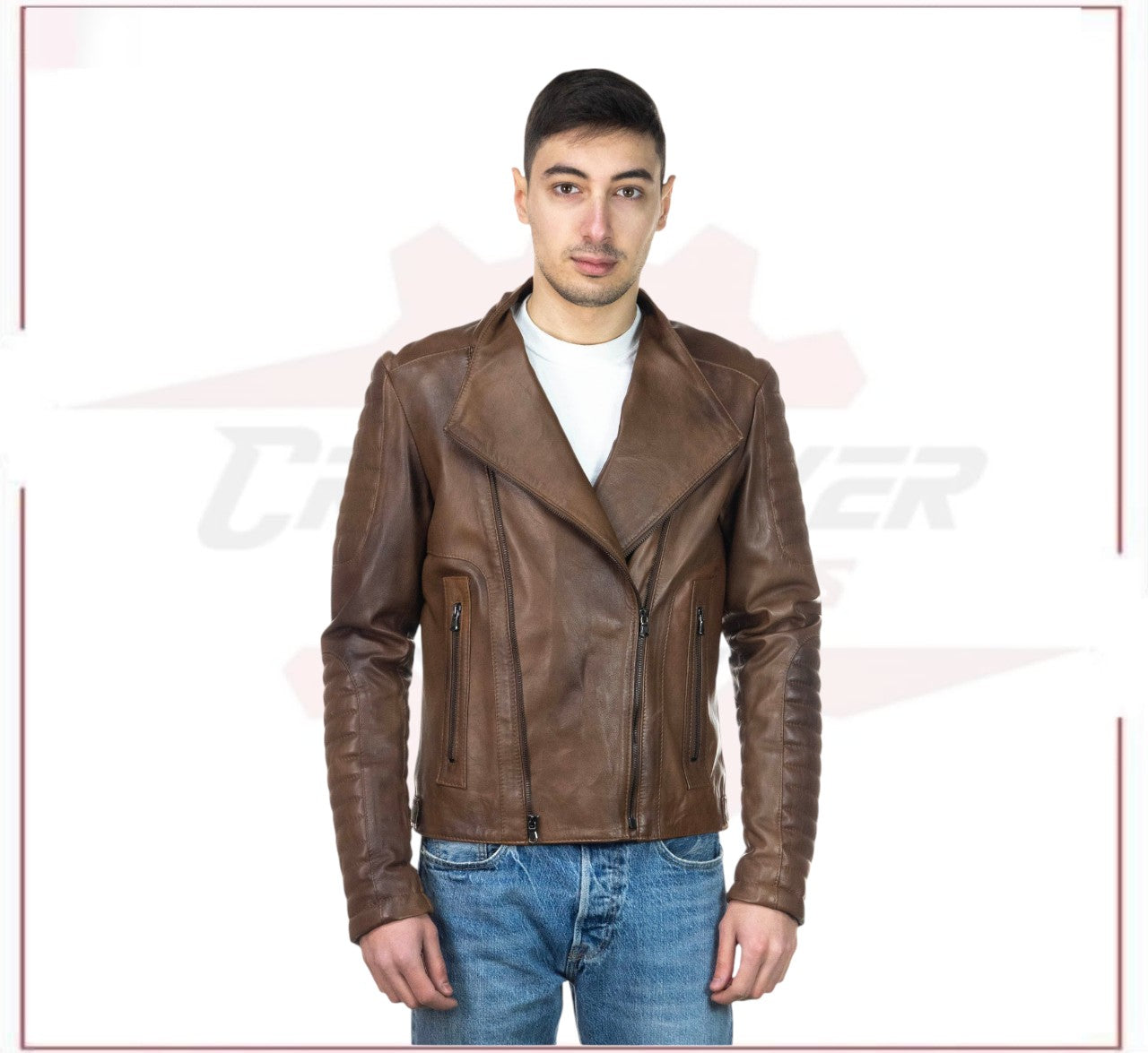 Men's Perfecto Jacket in Genuine Brown Leather CROSSOVER RACEWEARS