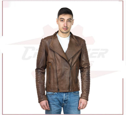 Men's Perfecto Jacket in Genuine Brown Leather CROSSOVER RACEWEARS
