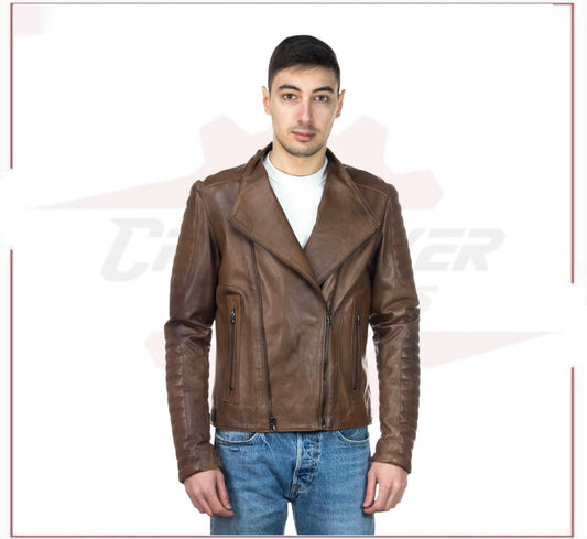 Men's Perfecto Jacket in Genuine Brown Leather CROSSOVER RACEWEARS