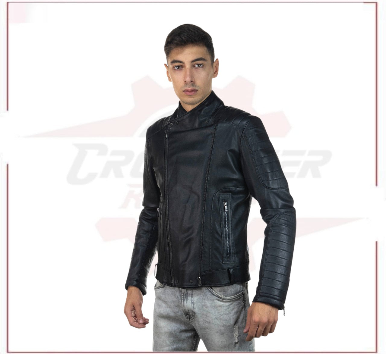 Men's Perfecto Jacket in Genuine Black Leather CROSSOVER RACEWEARS
