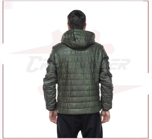 Rio - Men's Down Jacket in Genuine Green Leather CROSSOVER RACEWEARS