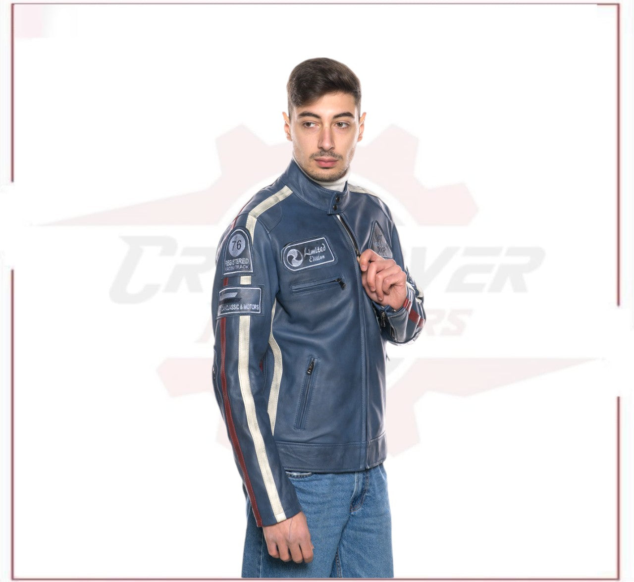New Biker Man's Jacket in genuine Blue Leather CROSSOVER RACEWEARS