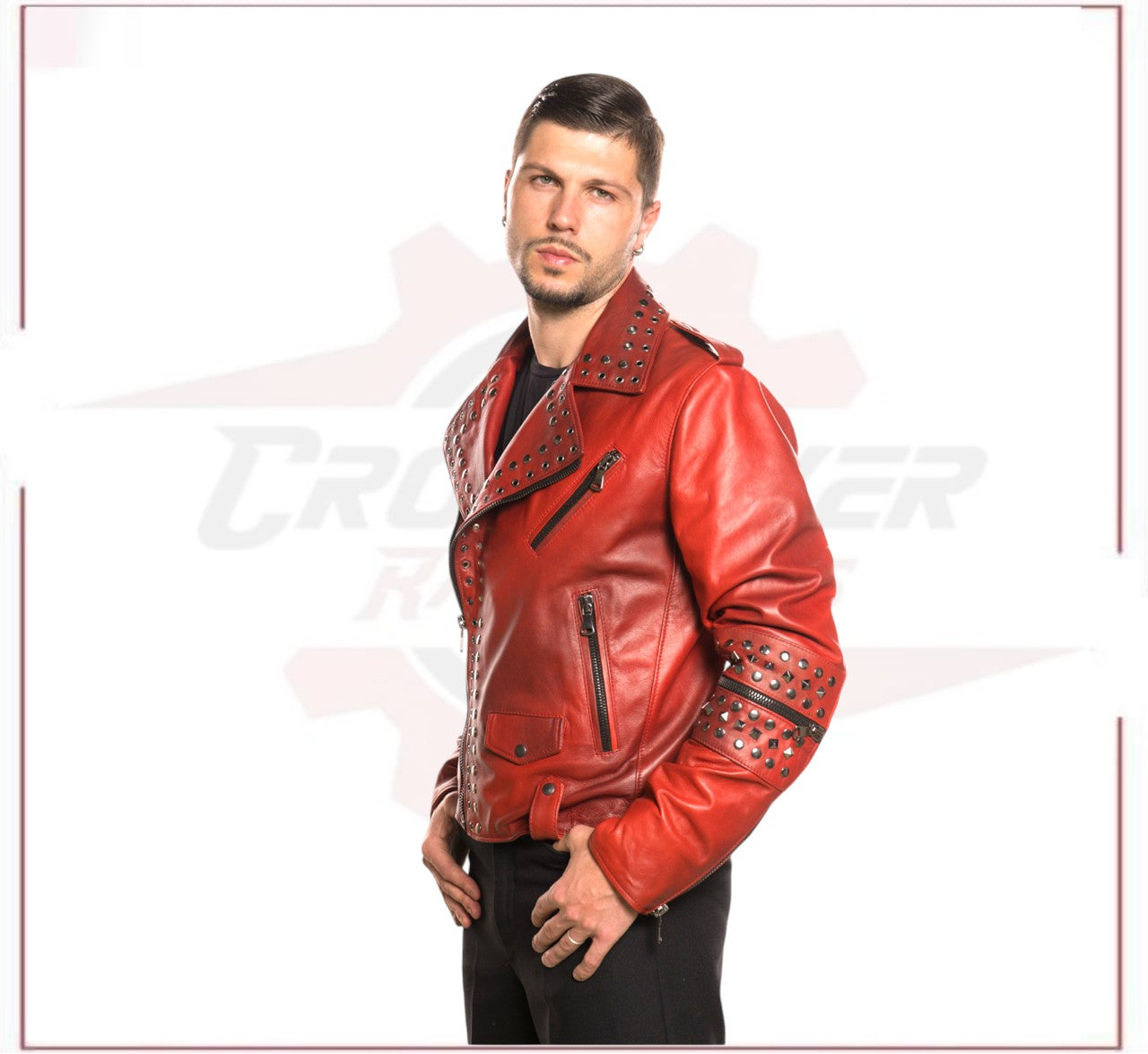 Vasco - Men's Studded Jacket in Genuine Bordeaux Leather CROSSOVER RACEWEARS