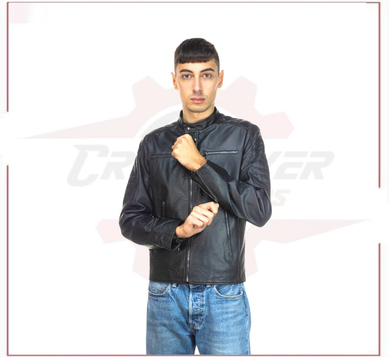 Men's Biker Jacket in Genuine Black Leather CROSSOVER RACEWEARS