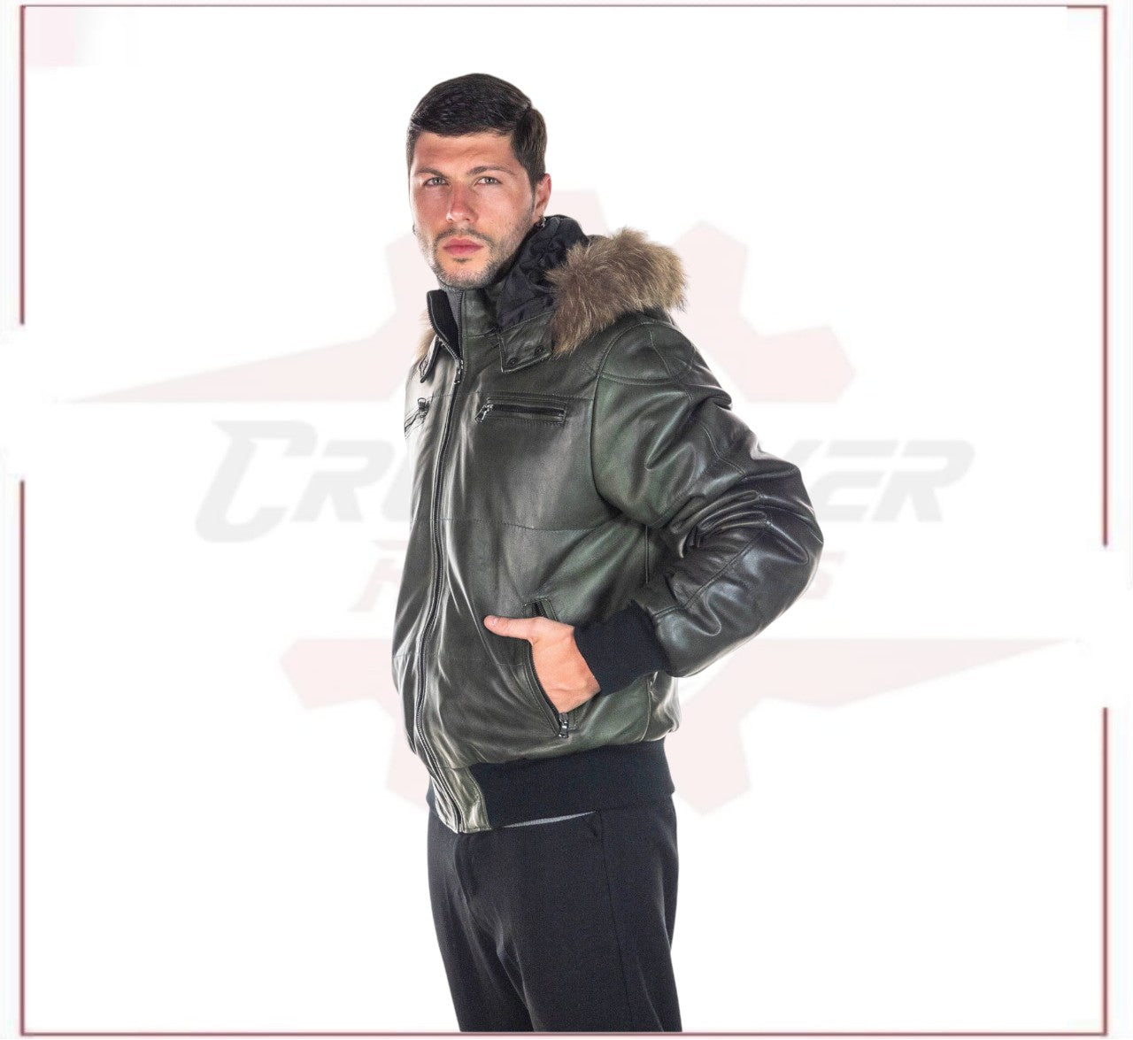 Boston - Men's Down Jacket in Genuine Green Leather CROSSOVER RACEWEARS