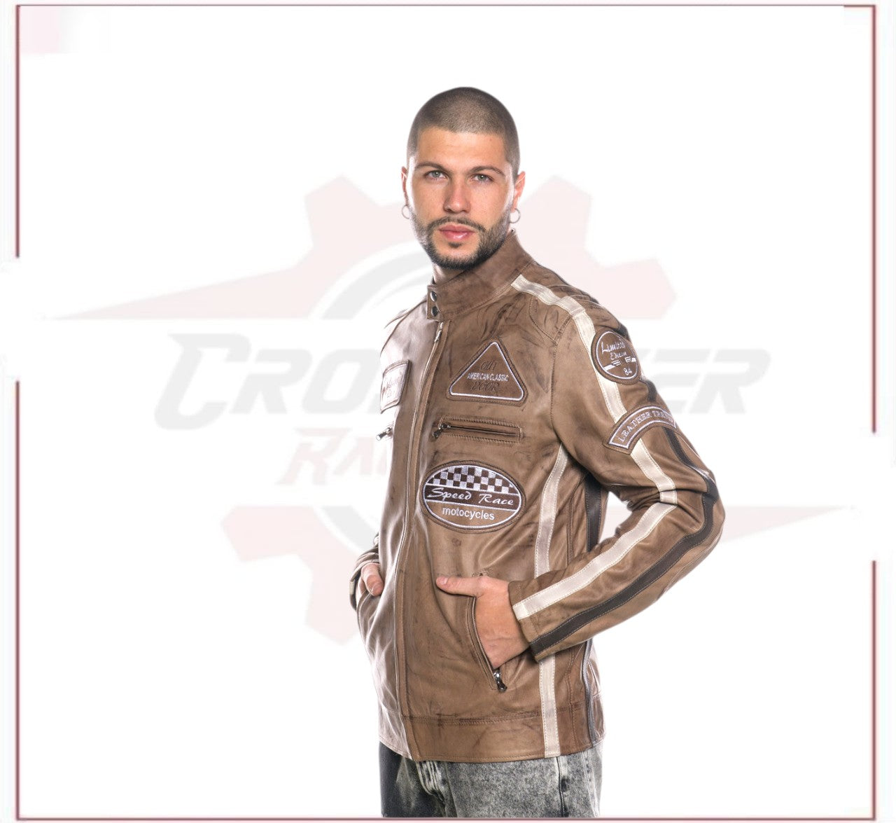 Biker Man's Jacket in genuine Brown Leather of Lamb CROSSOVER RACEWEARS