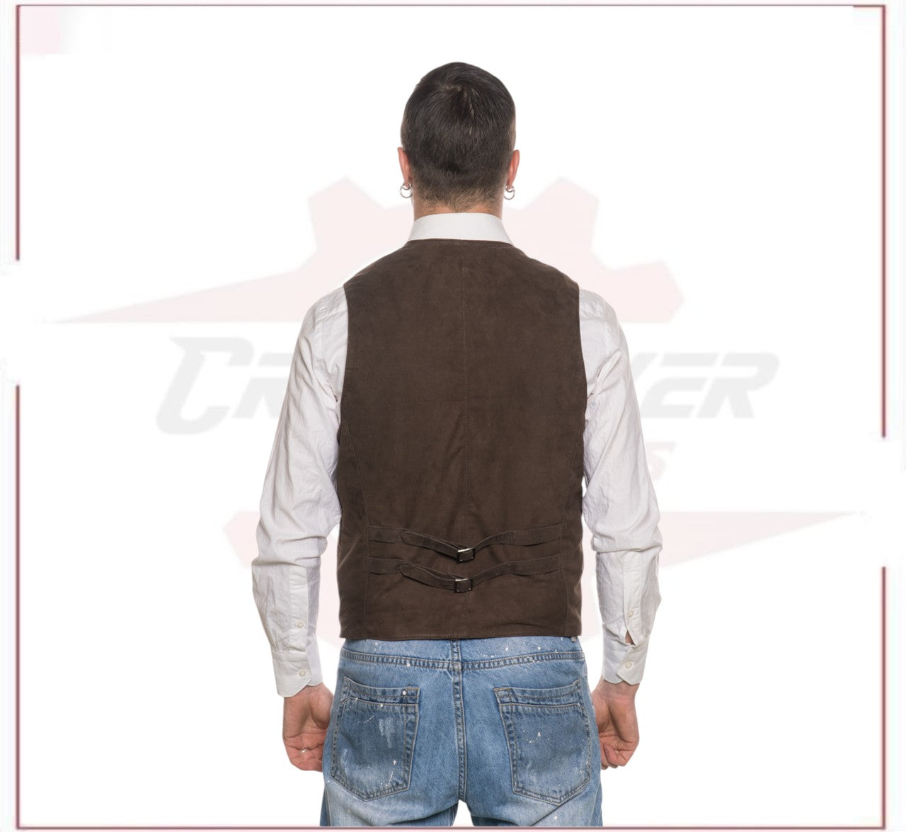 Men's Vest in Genuine Dark Brown Suede Leather CROSSOVER RACEWEARS