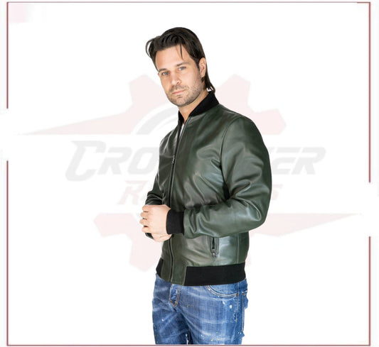 David - Men's Bomber Jacket in Green Genuine Leather CROSSOVER RACEWEARS