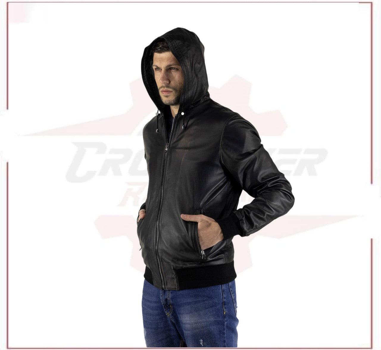 Men's Bomber Jacket in Genuine Black Leather CROSSOVER RACEWEARS