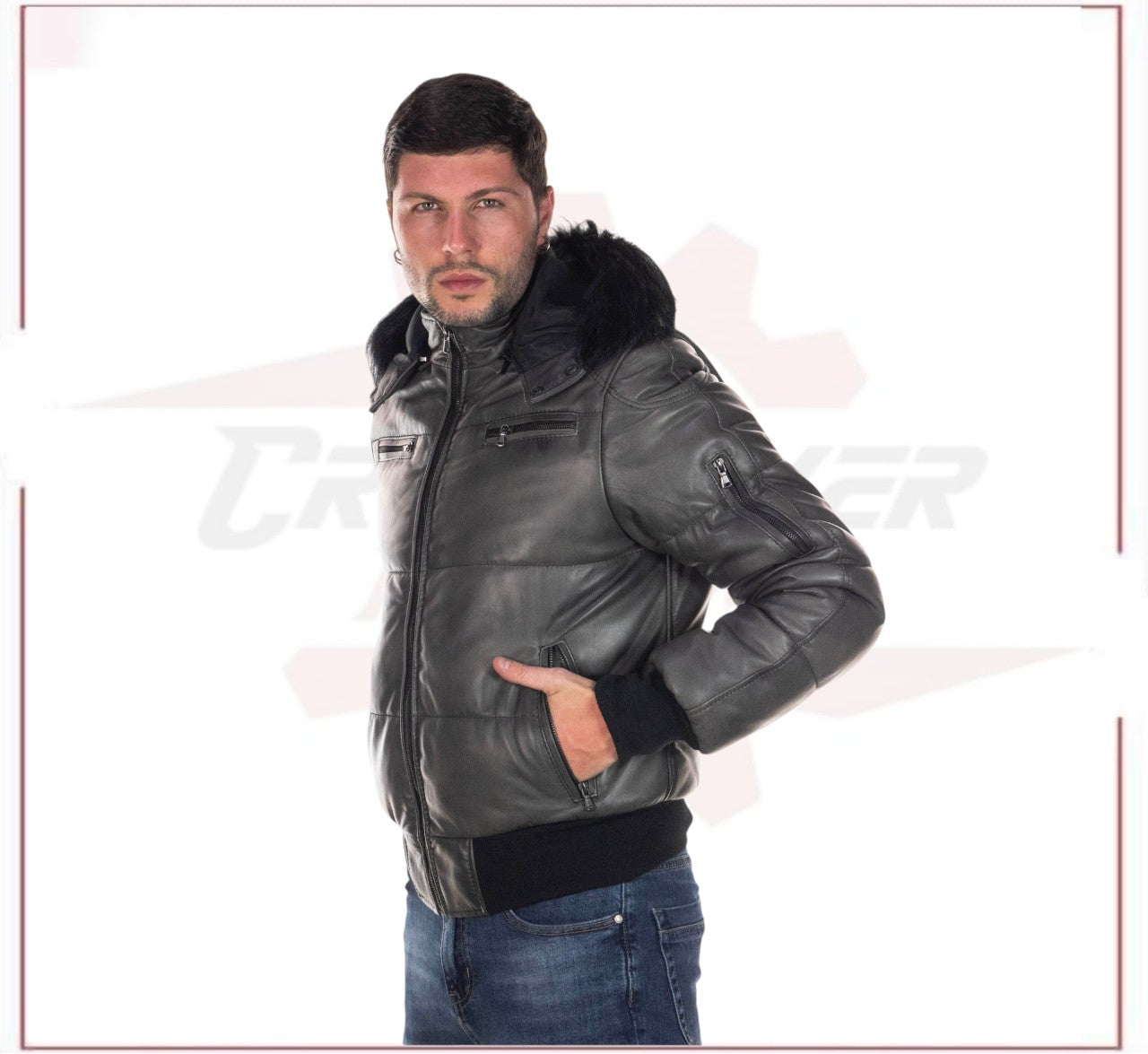Boston - Men's Down Jacket in Genuine Grey Leather CROSSOVER RACEWEARS