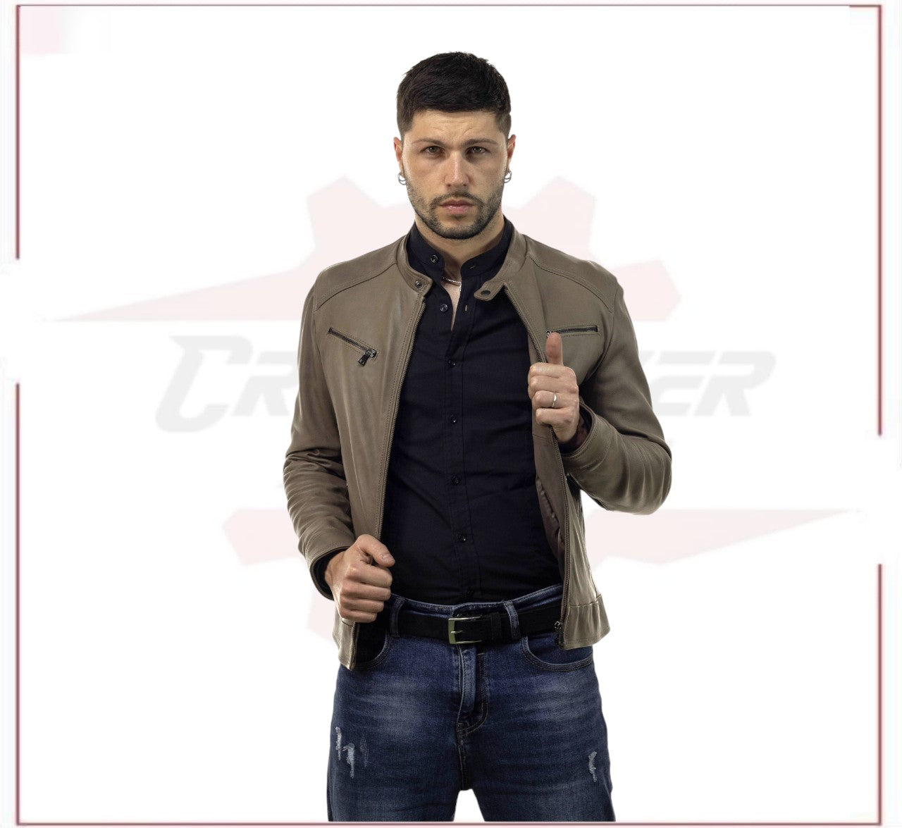 Men's Genuine Mud Colored Leather Jacket CROSSOVER RACEWEARS