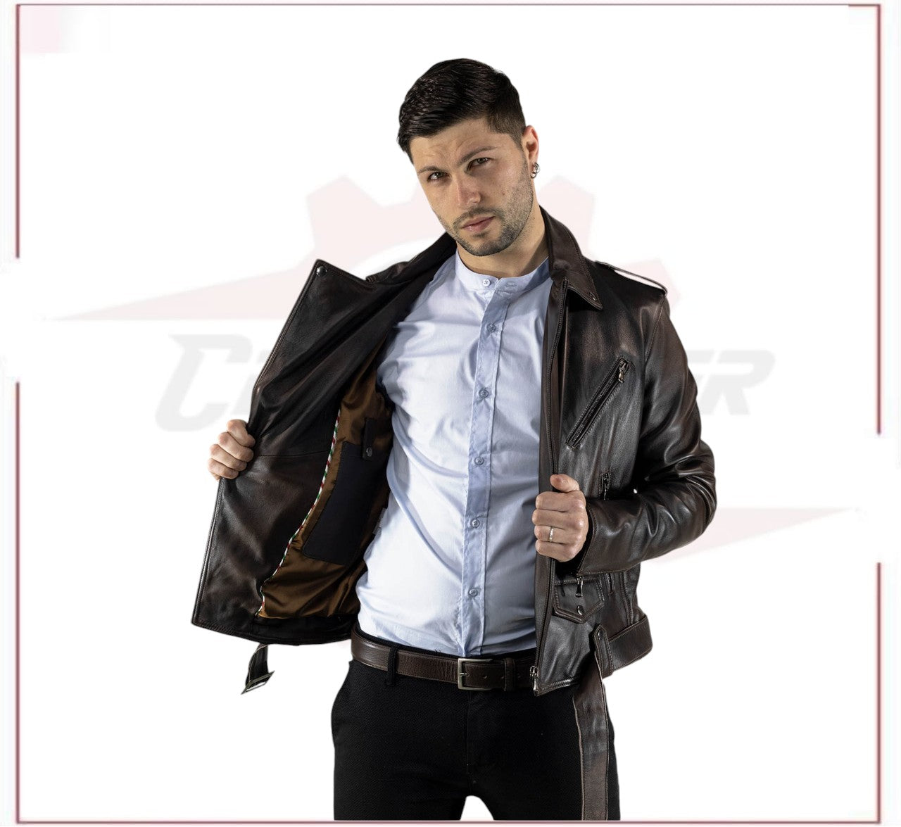 New Men's jacket in Genuine Dark Brown Leather CROSSOVER RACEWEARS